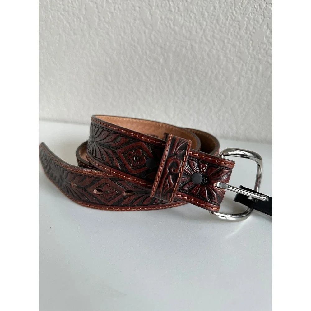 Justin Mens Brown Tooled Leather Western Belt Size 34 Made in USA C13785 NEW